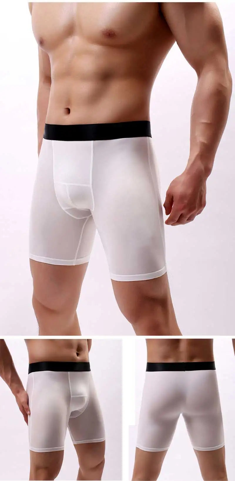 Ice Silk Lengthen Men Boxers Mid Waist Solid Underwear.