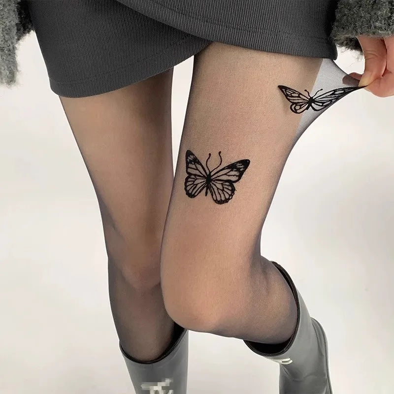 Sexy Women Black Tights Vintage Y2K Butterfly Print Transparent Silk  Summer Thight High Stockings