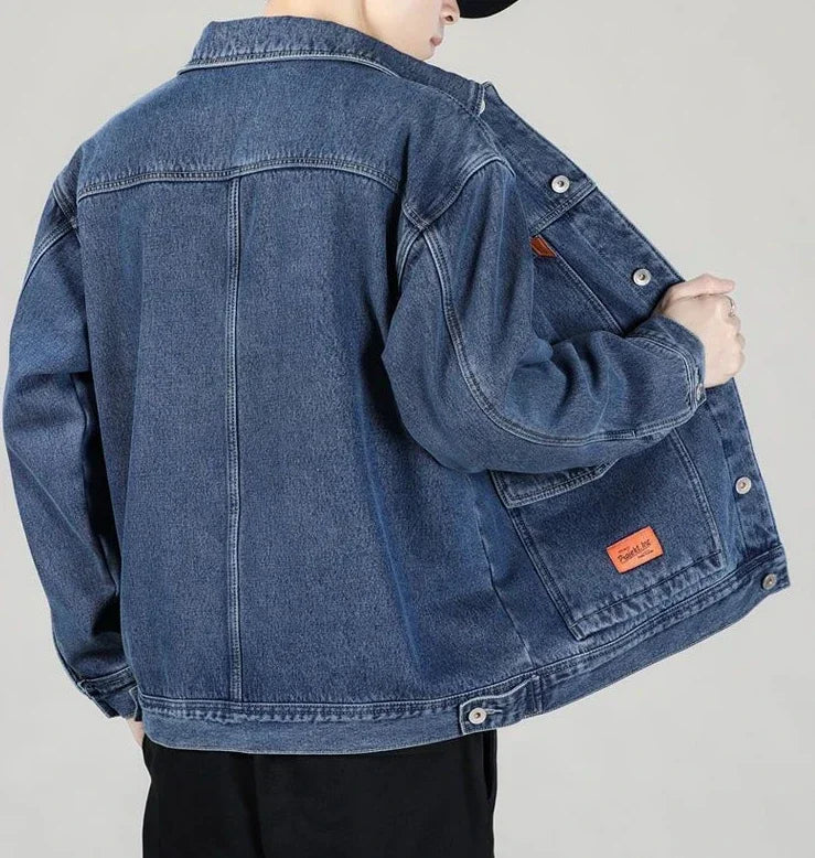 Shangkaka Men's Winter Denim Jacket – Japan Style with Patchwork Design and Detachable Lower Edge