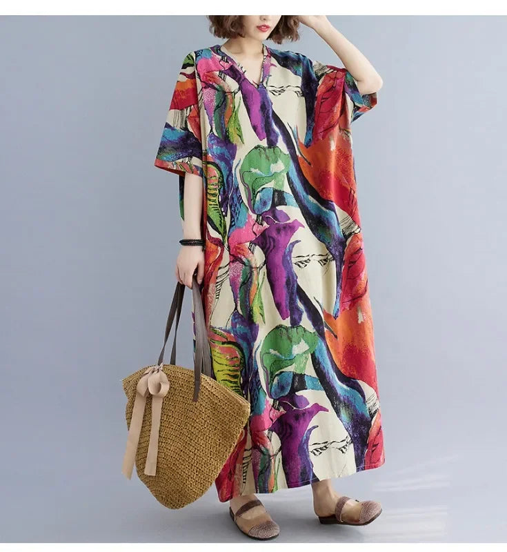 Boho Floral Cotton-Linen Summer Dress for Women – Ankle-Length, Loose Fit, O-Neck