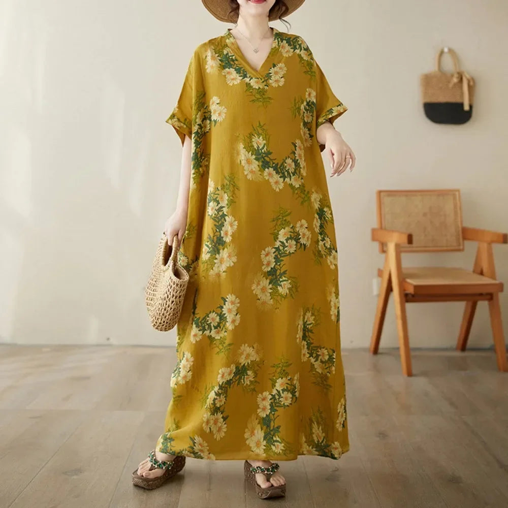 Boho Floral Cotton-Linen Summer Dress for Women – Ankle-Length, Loose Fit, O-Neck