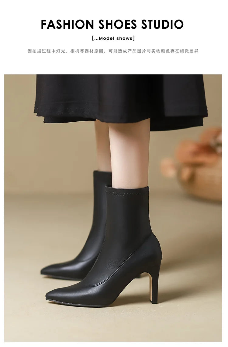 Autumn Winter Women Ankle Boots 6CM 8CM Toe Sock Boots Elegant Lady Black Thick Heels Female Short Booties