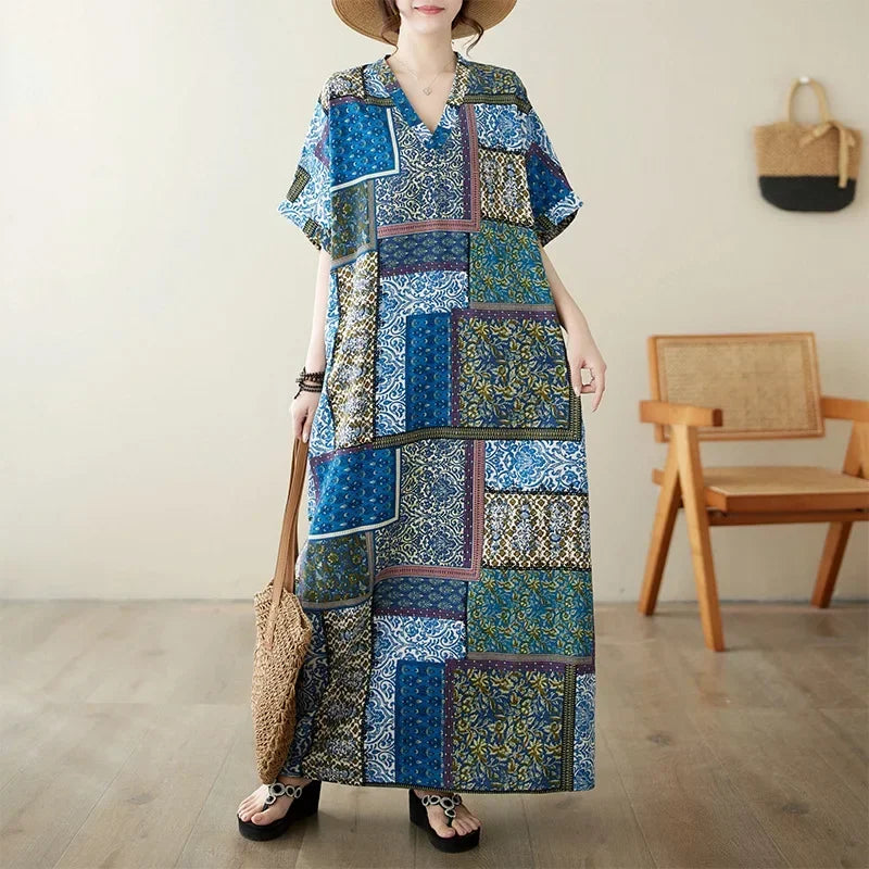 Boho Floral Cotton-Linen Summer Dress for Women – Ankle-Length, Loose Fit, O-Neck