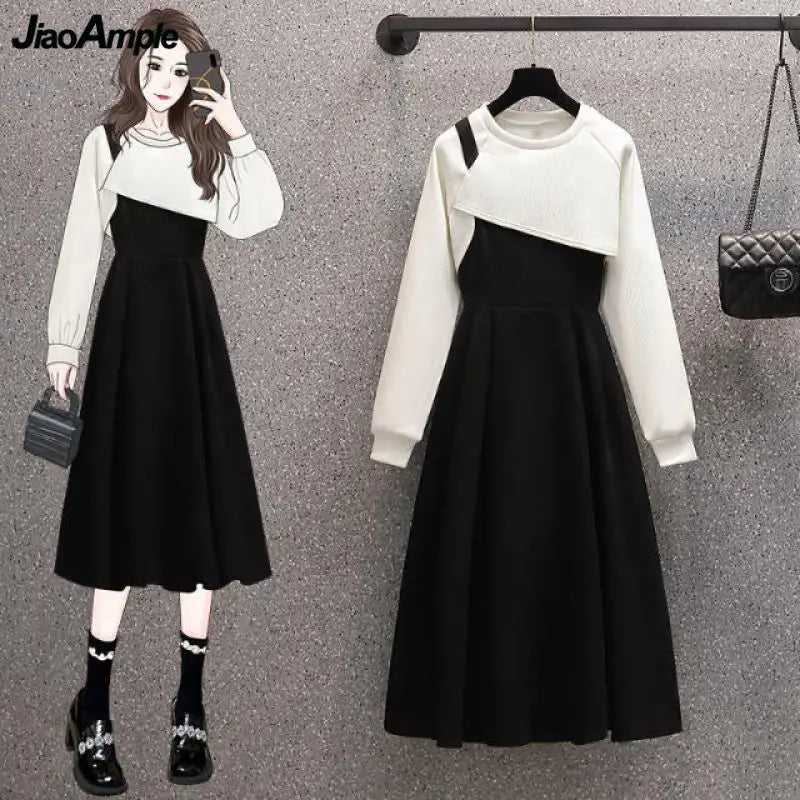 Women's Spring Autumn Fashion Two Piece Dress Set 2023 Korean Casual Short Sleevels Dresses Outfits Lady Clothing