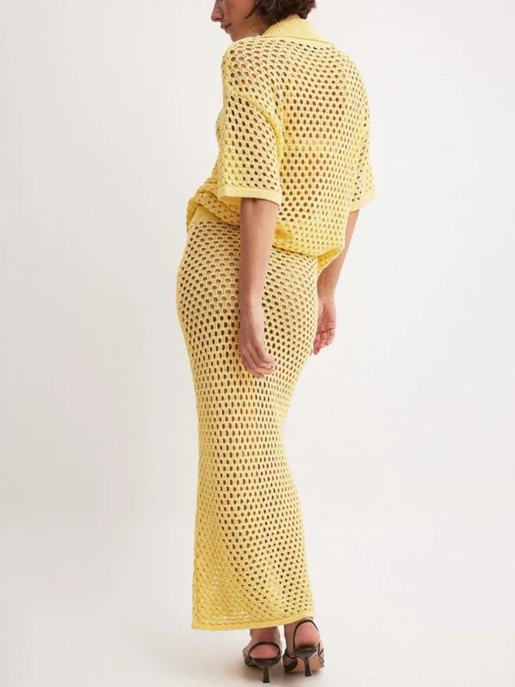 Sellysea Women’s Casual Two-Piece Skirt Set – Hollow Out Button-Up Blouse with Long Skirt | Spring/Summer 2025 Collection