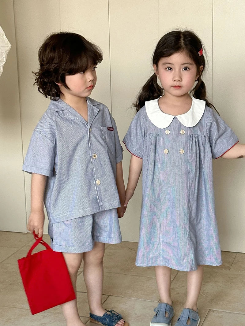 MILANCEL Unisex Summer Cotton Clothing Set for Kids (Ages 4–6) – Striped Short Sleeve Shirt and Shorts