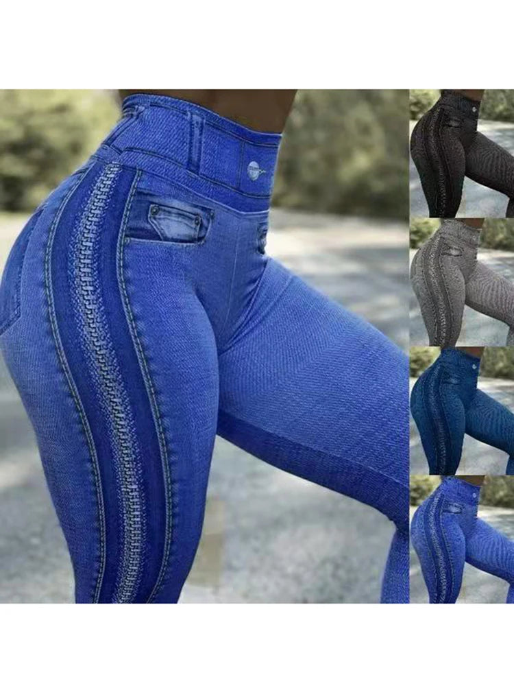 Sexy Fitness Legging  New Fashion Zipped  up Printed Faux Denim Jeans sport  Trousers