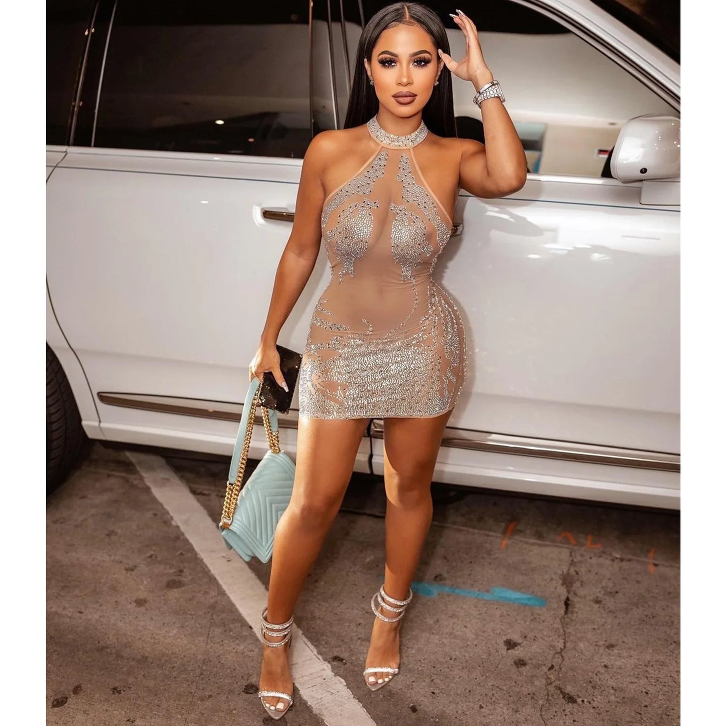 Sexy Mesh Rhinestone Short Prom Evening Mini Dress See Through Outfits Luxury For Women Night Club Party Diamond Bodycon Dresses