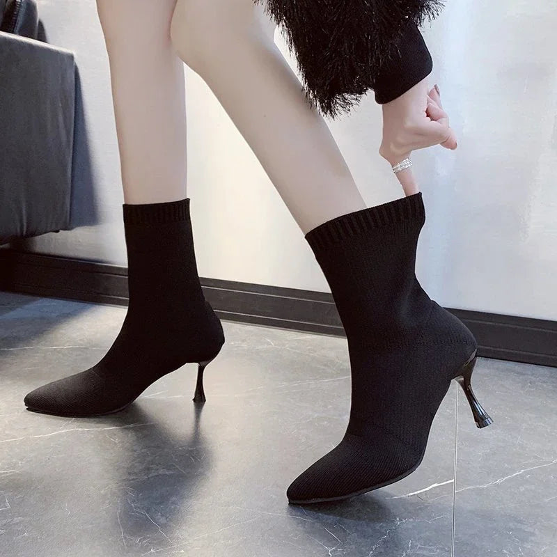 Female Shoes, 2024 Plus Size Knitted Ankle Boots Concise Stretch Boots Pointed Toe Slip on Thin Heels Shoes