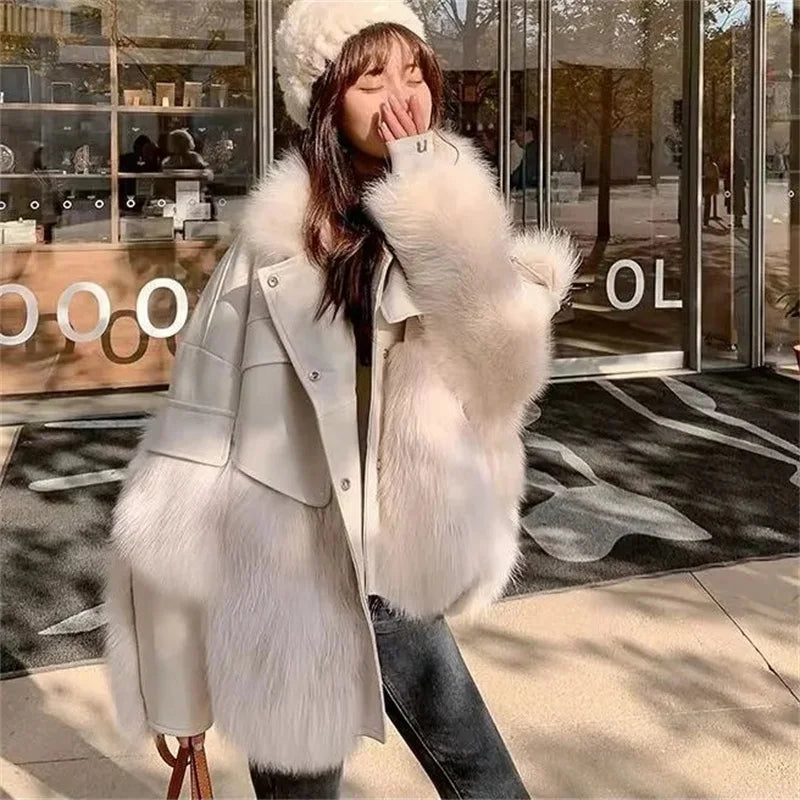 Retro Coffee Fur Coat  2024 Winter Loose Korean Version Fashionable Imitation for wome Fox Fur Thickened Haining High-end Coat