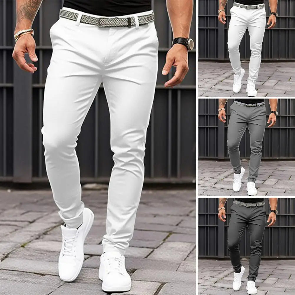 Slim Fit Pants Men's Solid Colour with Mid-rise Slant Pockets Zipper Fly  ideally for Business Office