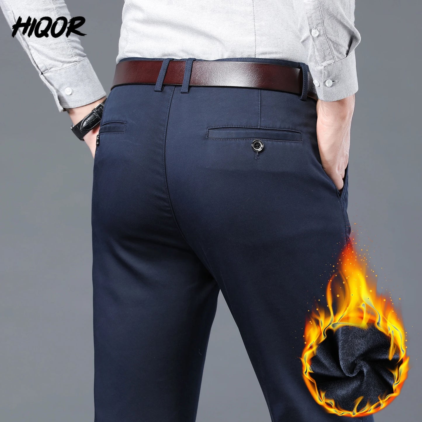 HIQOR Winter Fleece Men's Casual Pants Stretch Solid Business Straight Trousers ideally for Office .