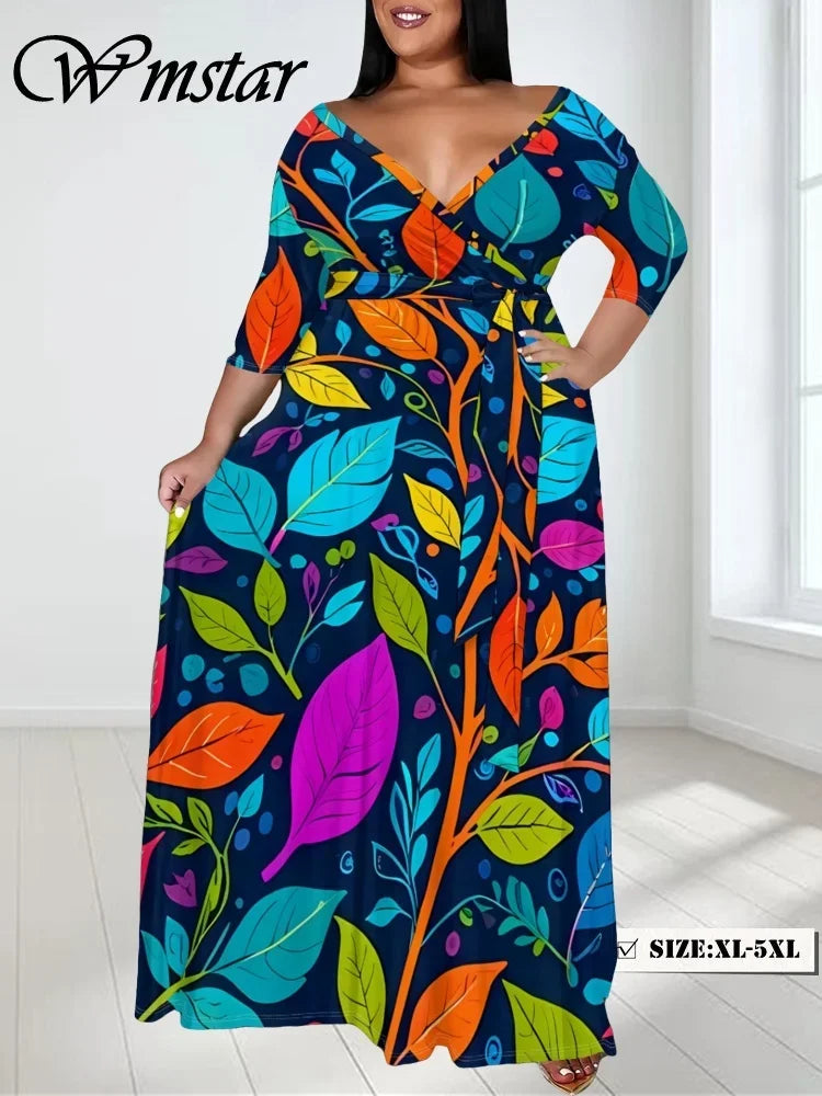 Plus Size Dresses for Women Elegant Lady V Neck Print Loose Sexy  Long Sleeve Bandage Fall Maxi Dress