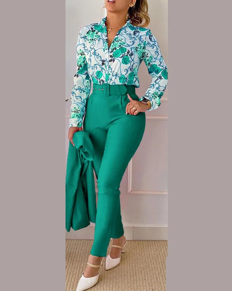 Fashion Printed Long Sleeved Women Suit Autumn and Winter Slim Fit Elegant Female Office 2 Piece Set