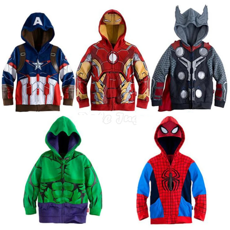 Kids Spiderman Hulk Thor Iron Man Hoodies Cosplay  Cartoon Print Zipper Hooded Jacket for Children