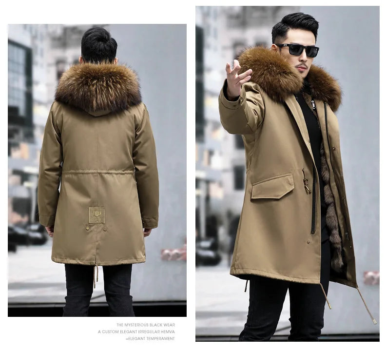 Hot Sales 2023 Men's Thickened Warm Parka Mid Length Detachable Fox Fur Lining Raccoon Winter Fur Coat