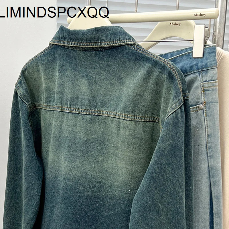 2024 Washed Blue Denim Shirt Jacket Women Spring Small Lapel Lazy Feeling Single Breasted Jean Coats