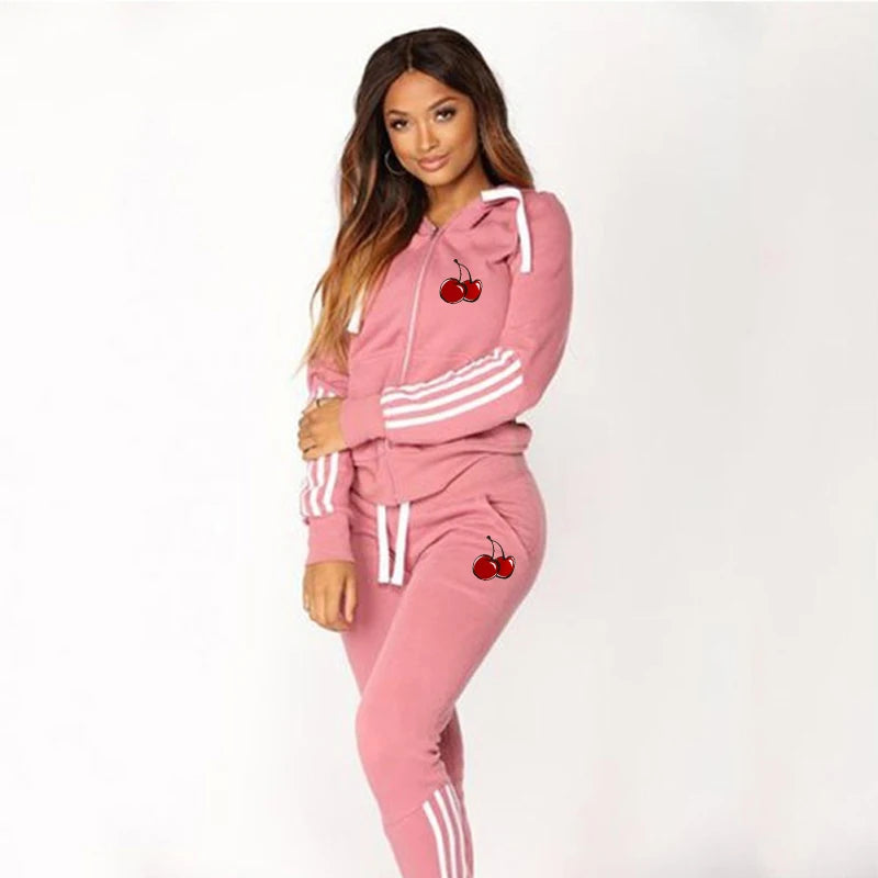 Newest  Fashion jogging Women Track Suits Sports Wear Cherry Printed Hoodies+Sweatpants