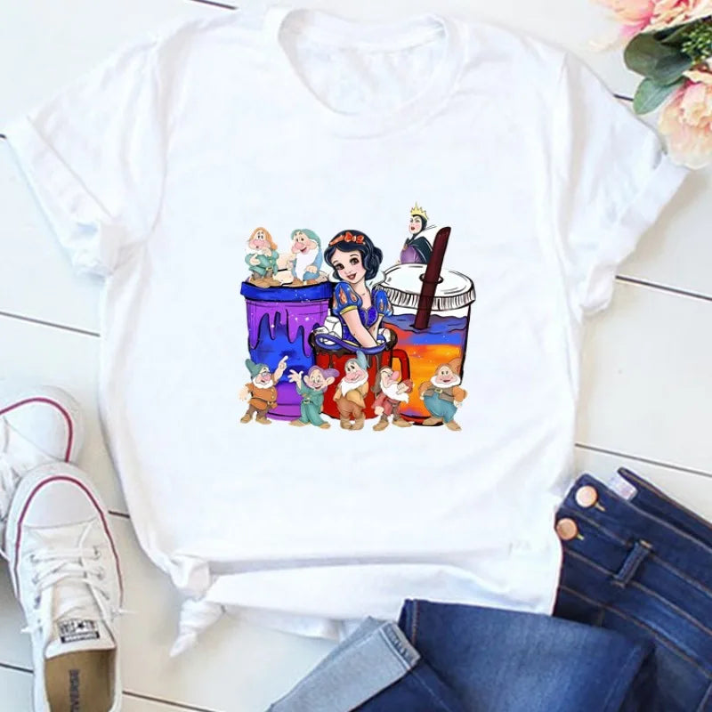 MINISO Women's Casual Cartoon Appliqué O-Neck Polyester T-Shirt for Spring/Summer