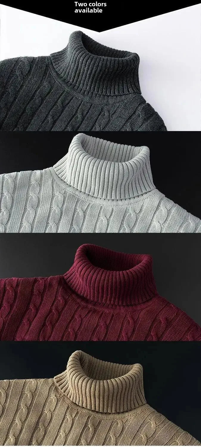 Men's Polo Turtle Neck Sweater Thick Cotton Knitted Top Fleece-Lined And Thickened Warm Bras Soft Winter Jumper