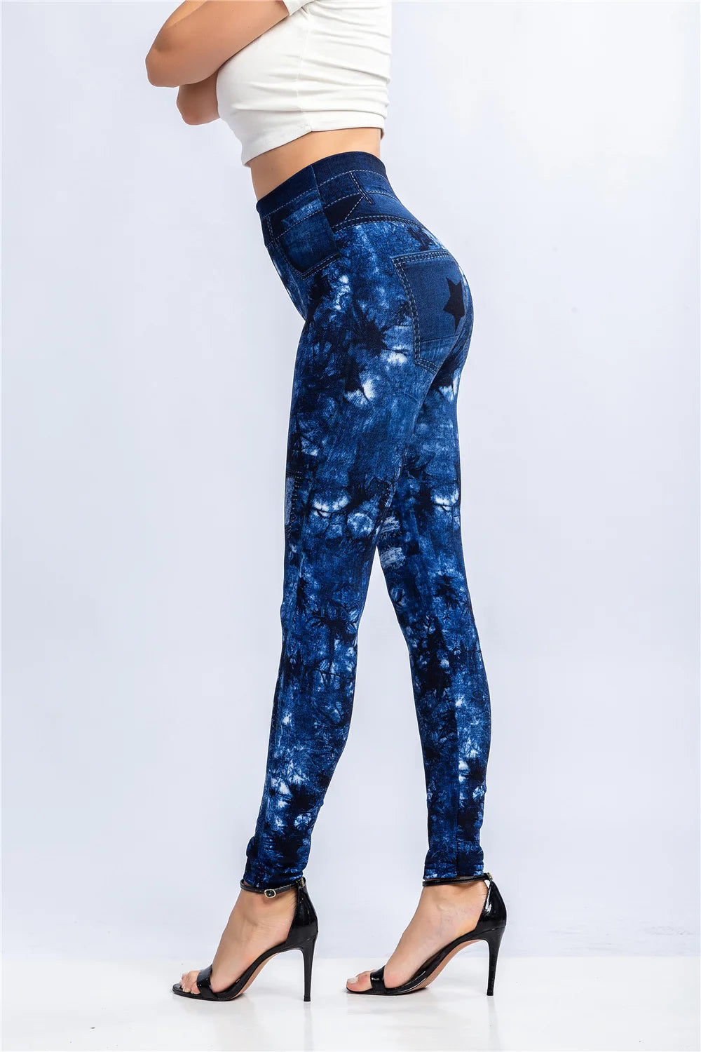 CUHAKCI Slim Women Leggings Faux Denim Jeans High Waist Elastic Fitness Sports Workout Running Push Up Leaf Print Trousers