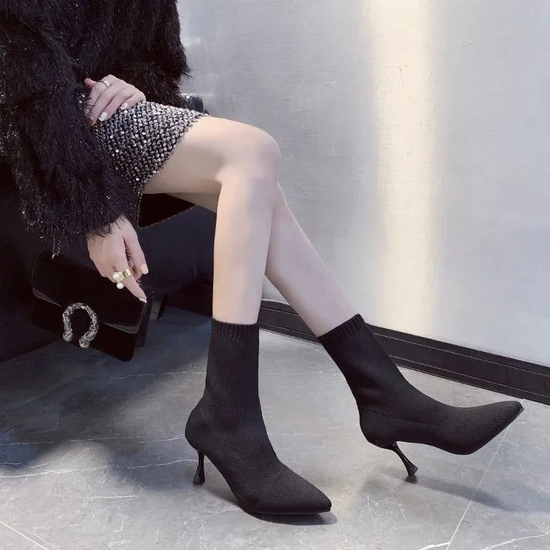 Female Shoes, 2024 Plus Size Knitted Ankle Boots Concise Stretch Boots Pointed Toe Slip on Thin Heels Shoes