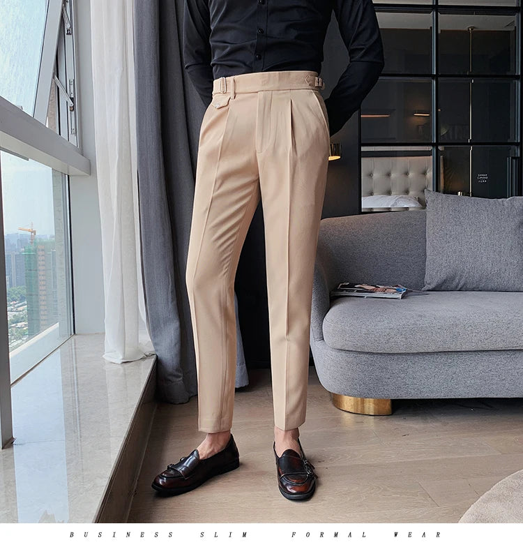 British Style New Solid High Waist Pant Men Business Formal Wear Trousers 2024 High Quality Slim Casual Office Suit