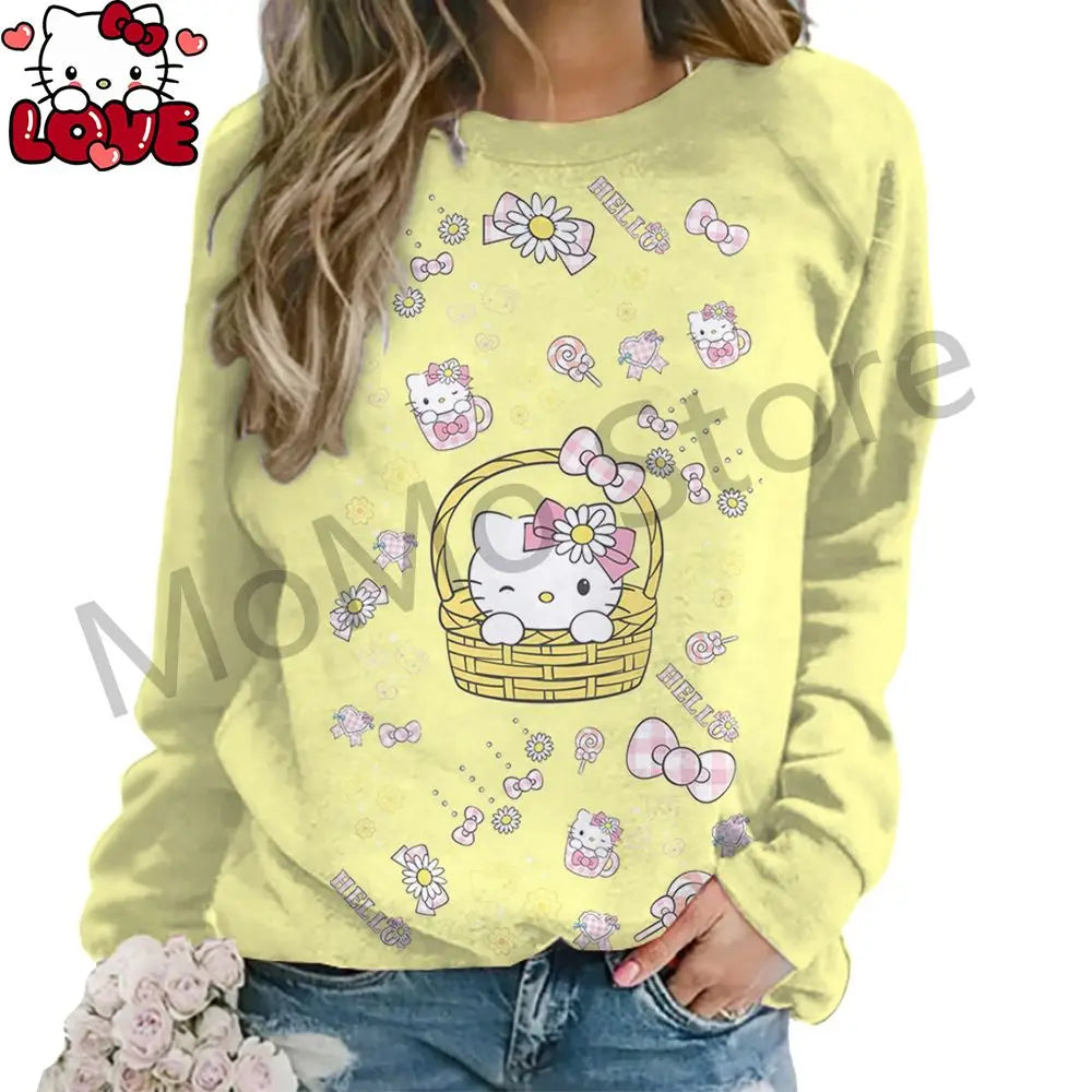 Women's Long Sleeve Hello Kitty O Neck Lovely Pullovers Y2k Streetwear shirt S-3XL New High Quality Kawaii Clothes