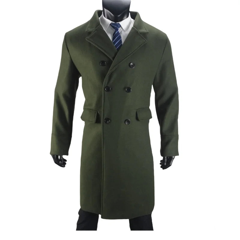 Men Long Double-breasted Coat with Lining Warm Type Wool Blend Lapel Casual Eu Size Customized overcoat