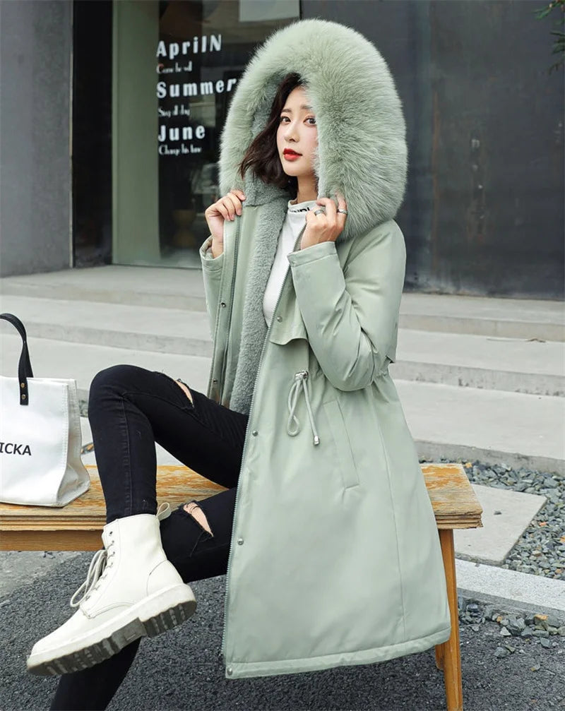 Winter Jacket 2023 New Women's Clothes Long Coat Wool Liner Hooded Jacket Fur Collar Thick Warm Snow Wear