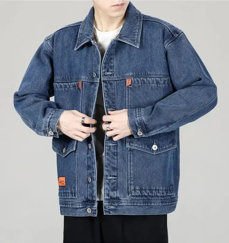 Shangkaka Men's Winter Denim Jacket – Japan Style with Patchwork Design and Detachable Lower Edge