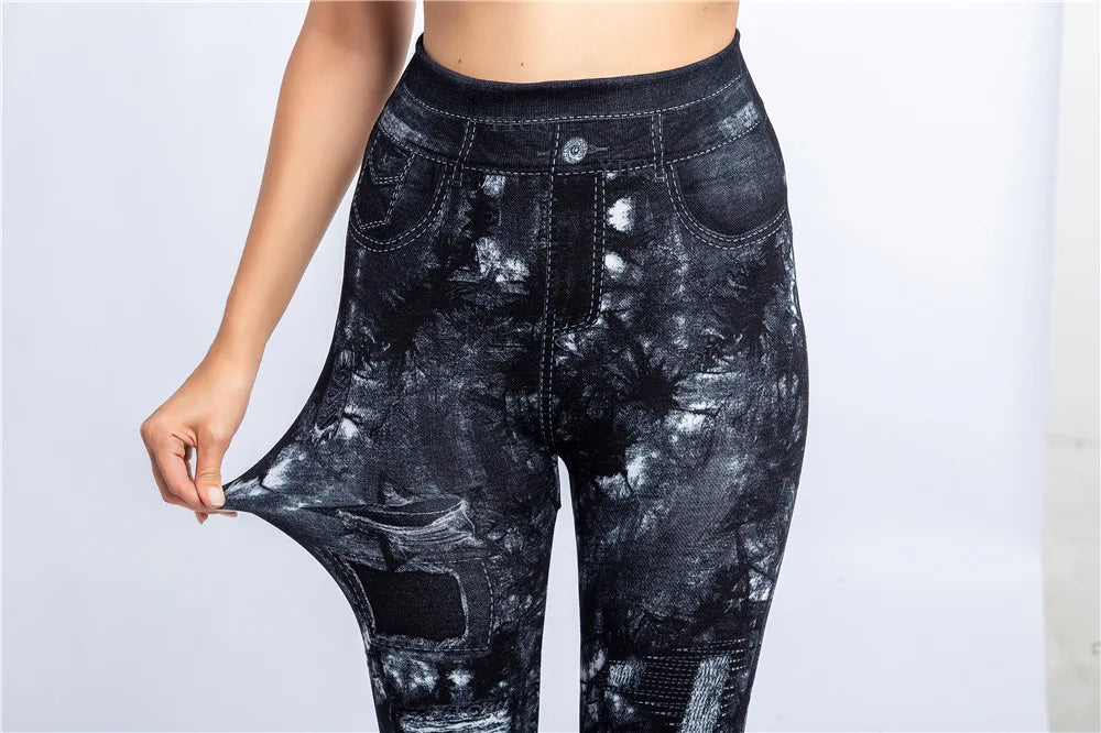 CUHAKCI Slim Women Leggings Faux Denim Jeans High Waist Elastic Fitness Sports Workout Running Push Up Leaf Print Trousers