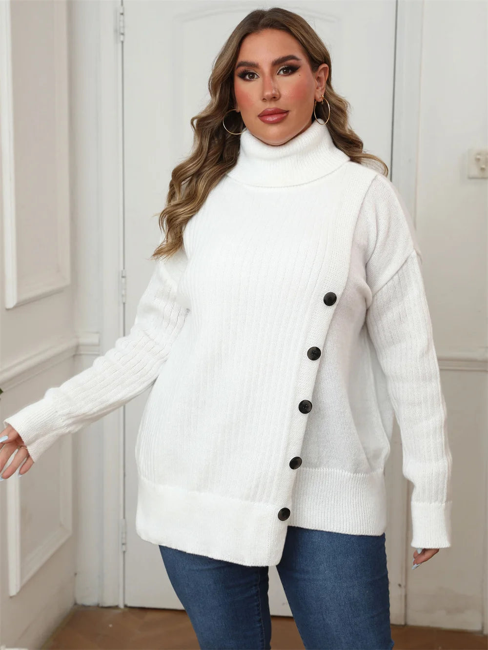 Plus Size Women's Turtleneck  Autumn Winter Drop Shoulder Button Casual Warm Pullover Female White Jumper