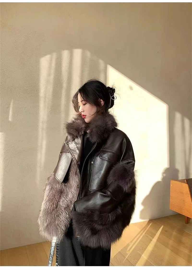 Retro Coffee Fur Coat  2024 Winter Loose Korean Version Fashionable Imitation for wome Fox Fur Thickened Haining High-end Coat