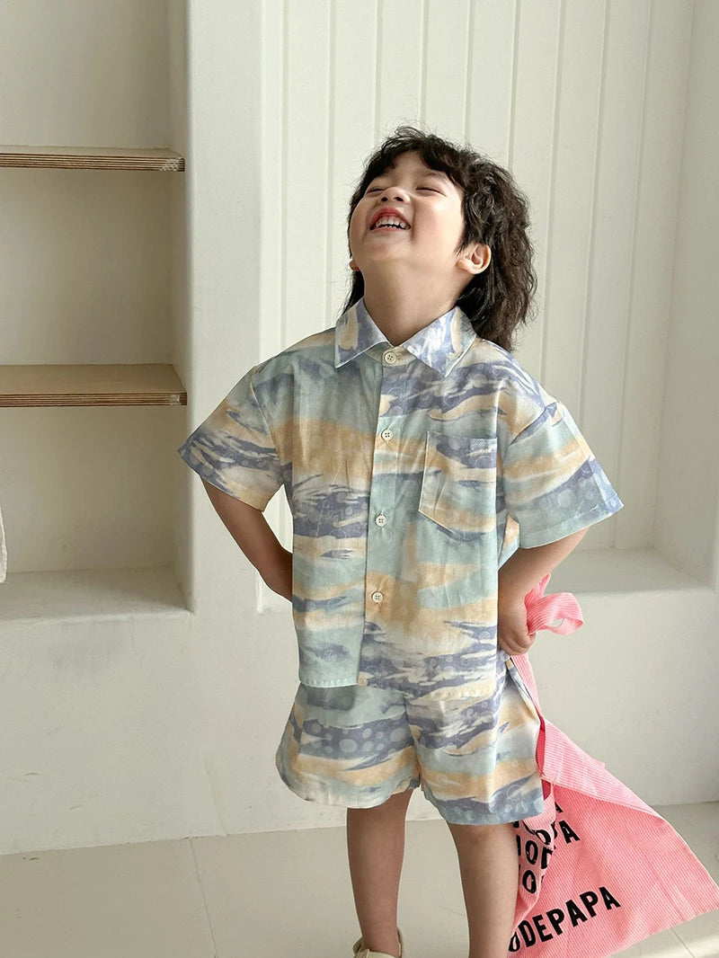 MILANCEL Unisex Summer Patchwork Clothing Set for Kids (Ages 4–6Y) – Cotton Shirt and Shorts Vacation Outfit