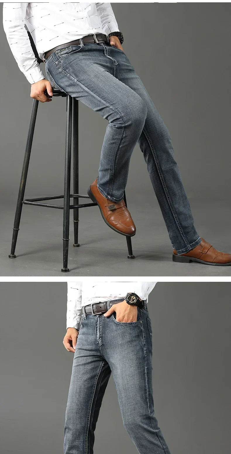 Men  Stretch Jeans Retro Smoke Gray Fit Straight Casual Denim Pants