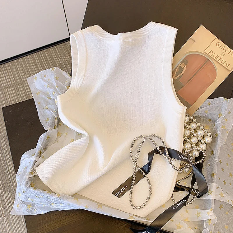 Luxury Embroidered Letter Tank Top for Junior Women – Cotton &amp; Polyester Blend, Summer Style