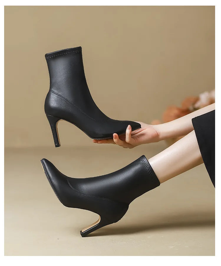 Autumn Winter Women Ankle Boots 6CM 8CM Toe Sock Boots Elegant Lady Black Thick Heels Female Short Booties