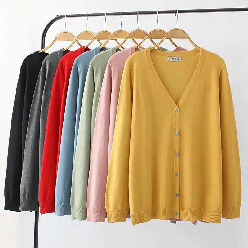 Plus Size Jumper Autumn Long Sleeve V-Neck WOMEN Mercerised Cotton Knitted Cardigan Spring Brief Solid Color Knitwear