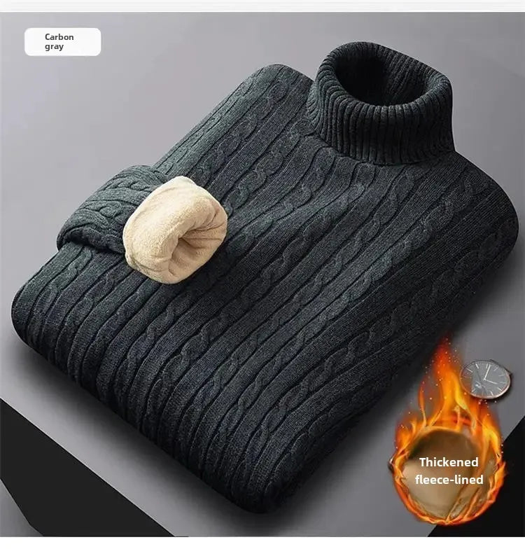 Men's Polo Turtle Neck Sweater Thick Cotton Knitted Top Fleece-Lined And Thickened Warm Bras Soft Winter Jumper