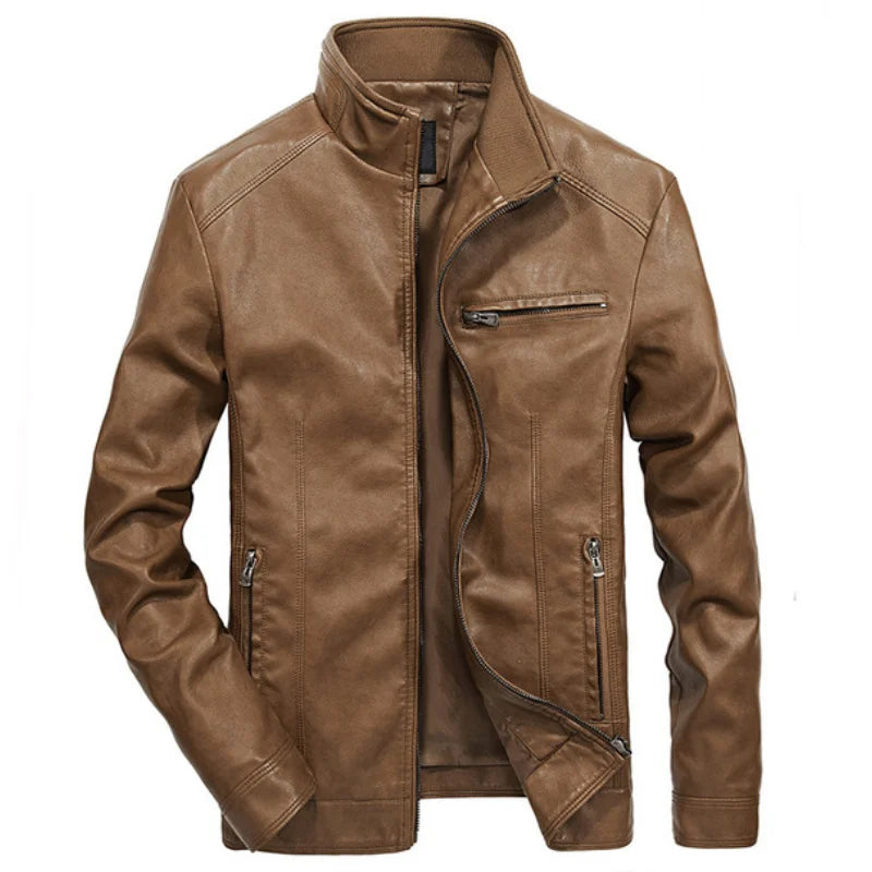 Men Autumn Winter Leather Jacket Coat Men's Retro Stand Collar Motorcycle Warm Fleece PU Leather Jacket