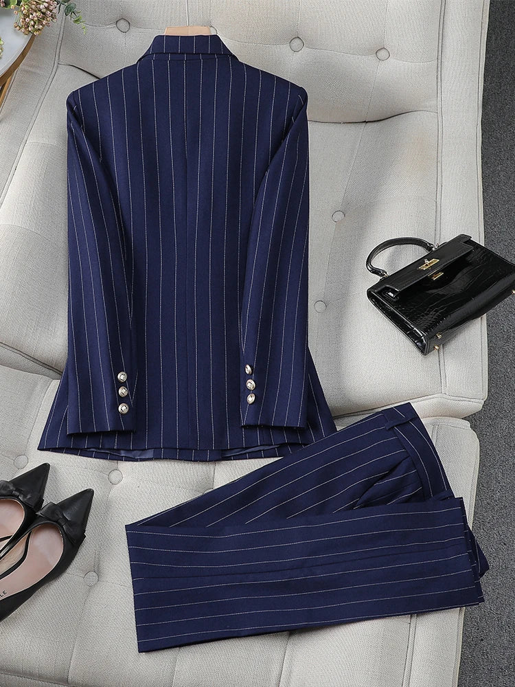 Ladies Blue Striped Business Office suit Jacket and Trouser Formal 2 Piece Set elegant suff