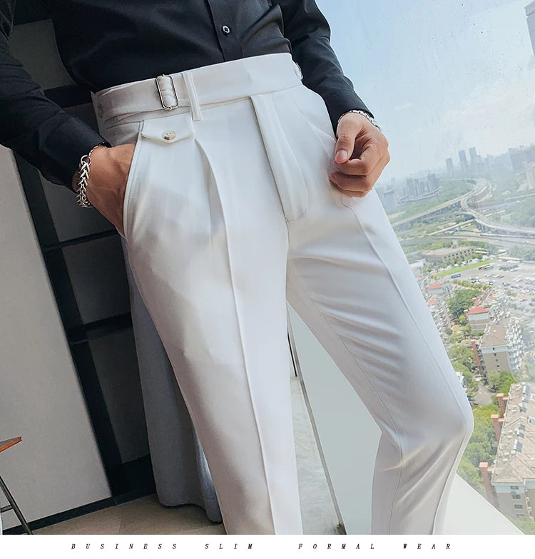 British Style New Solid High Waist Pant Men Business Formal Wear Trousers 2024 High Quality Slim Casual Office Suit