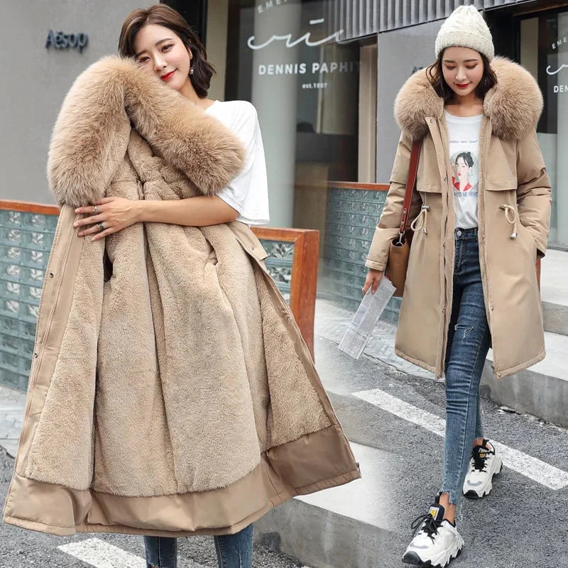 Winter Jacket 2023 New Women's Clothes Long Coat Wool Liner Hooded Jacket Fur Collar Thick Warm Snow Wear