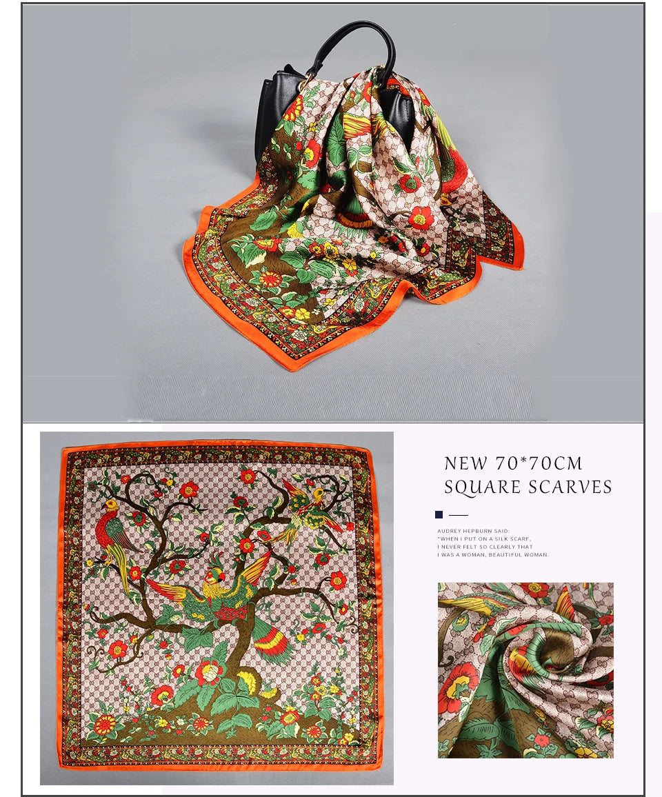 Silk Scarf Shawl Spring Fall Fashion Square Coffee Orange Scarves Foulard Winter Women Headscarves Accessories