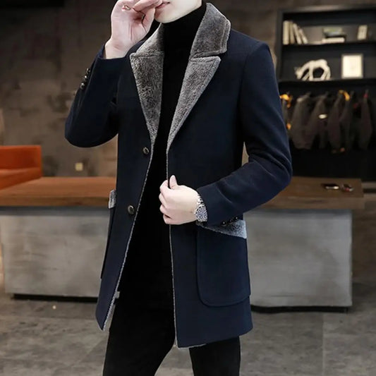 Popular Men Windbreaker Autumn Winter Trench Coat Medium Length Thick Buttons Wool Jacket  Cold proof