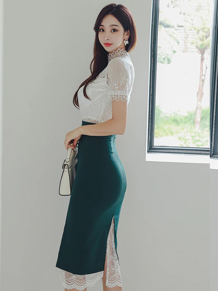 MingJieBiHuo Women's Vintage Slim Fit Lace Midi Dress – Stand Collar, Zipper Closure