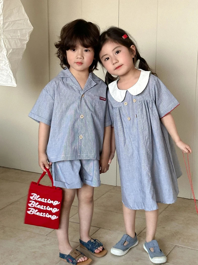 MILANCEL Unisex Summer Cotton Clothing Set for Kids (Ages 4–6) – Striped Short Sleeve Shirt and Shorts