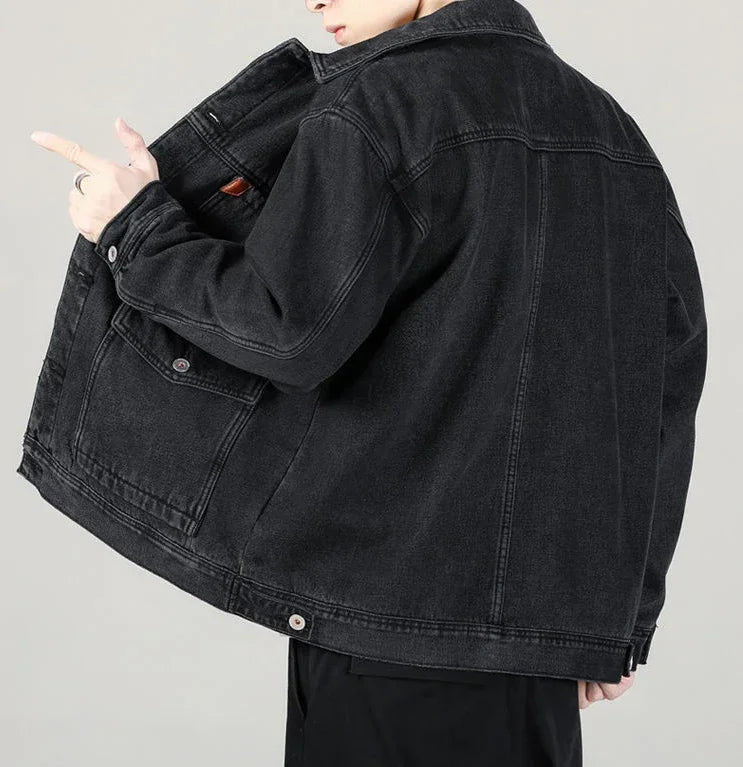 Shangkaka Men's Winter Denim Jacket – Japan Style with Patchwork Design and Detachable Lower Edge