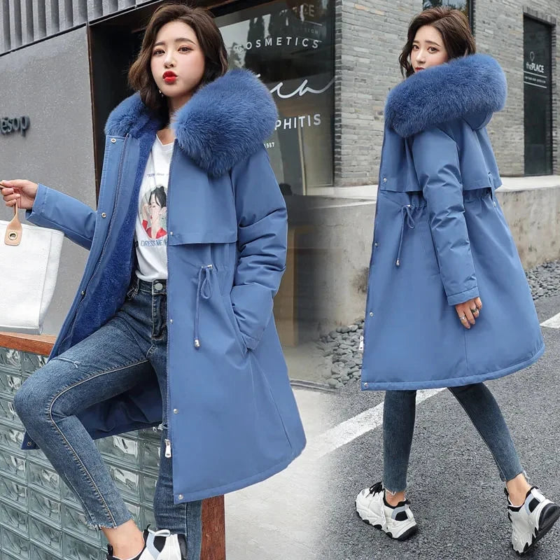 Winter Jacket 2023 New Women's Clothes Long Coat Wool Liner Hooded Jacket Fur Collar Thick Warm Snow Wear